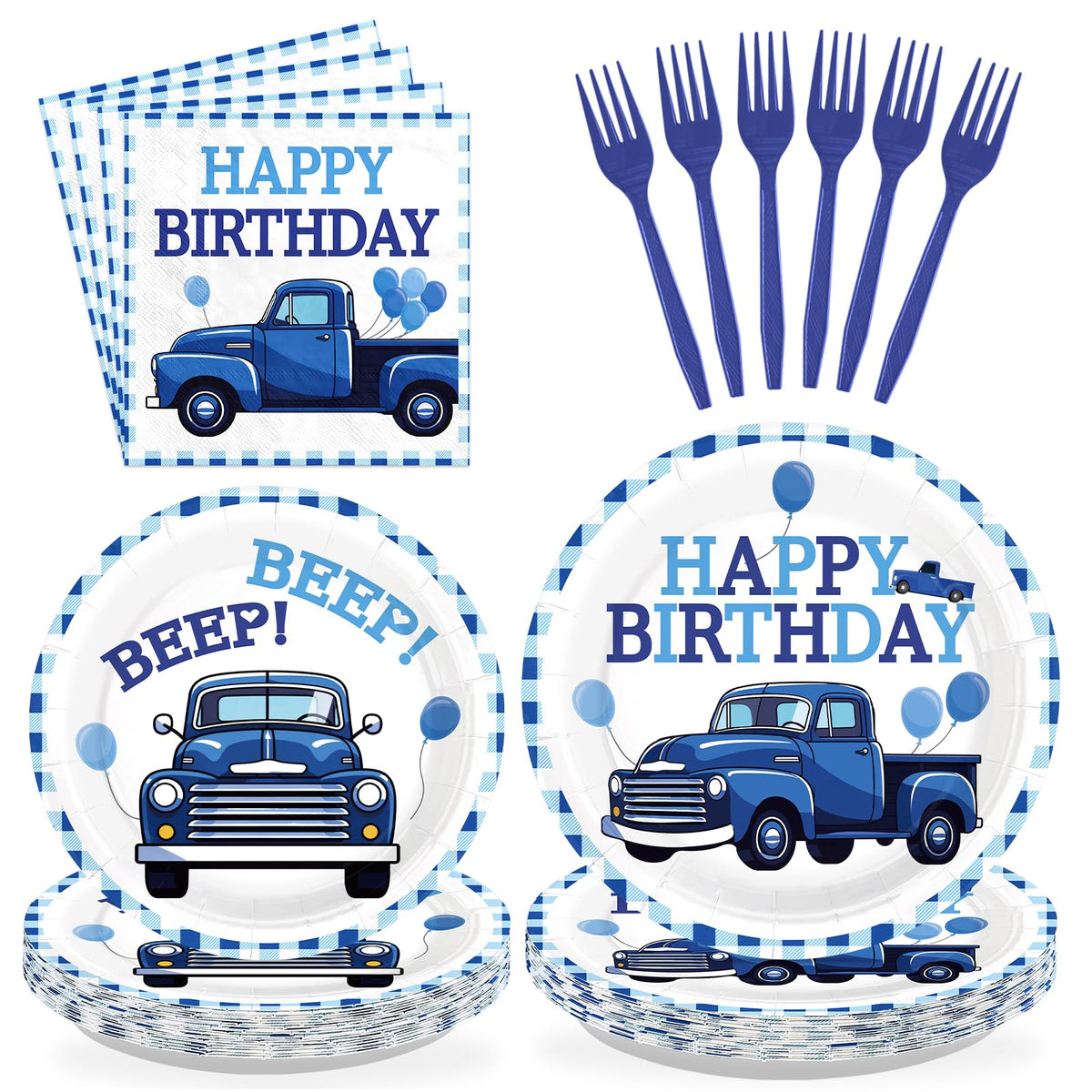 Greencian blue truck dinner plates 9in on table, sturdy for kids' party meals