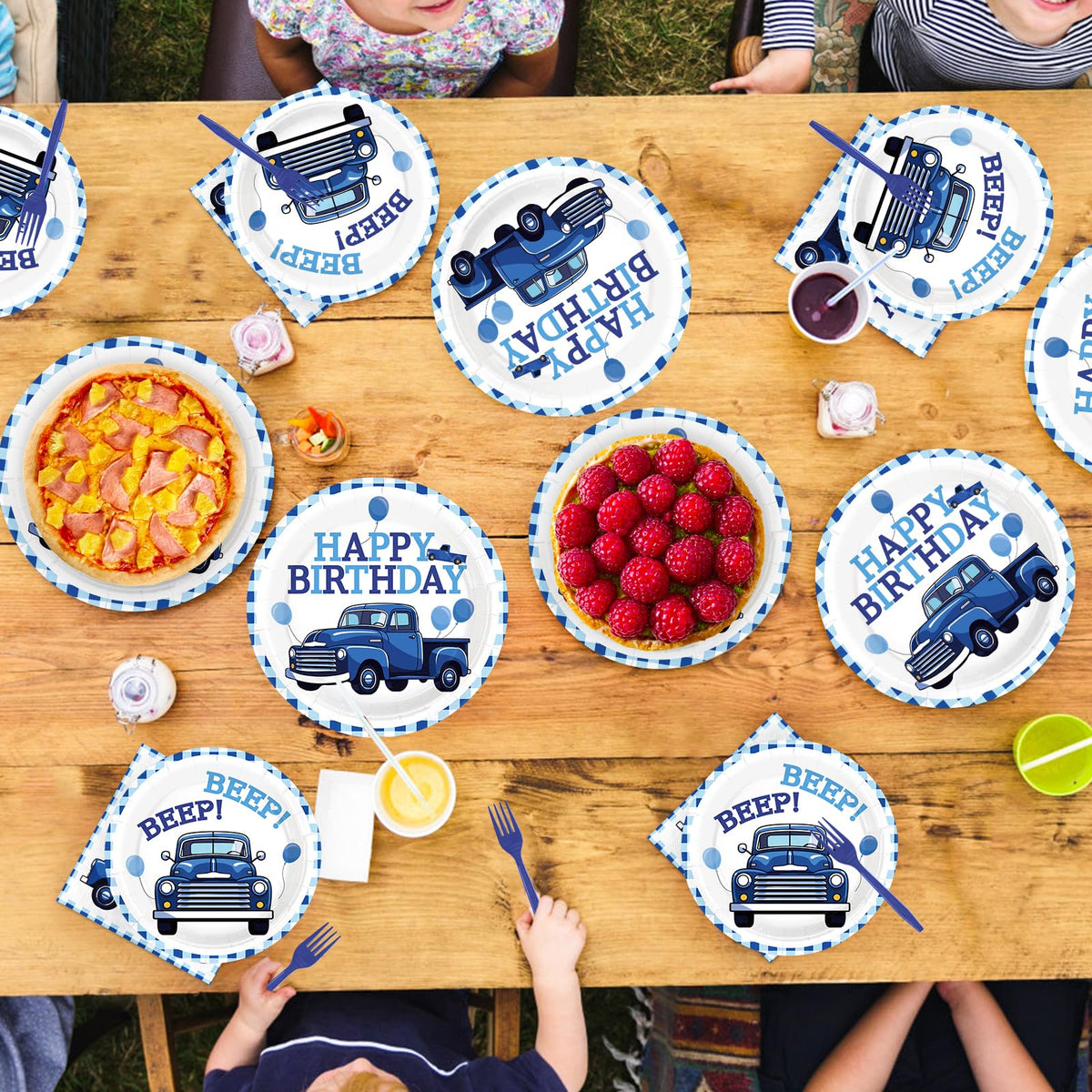 Greencian blue truck party setup scene inspires joyful celebration