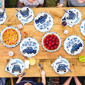 Greencian blue truck party setup scene inspires joyful celebration