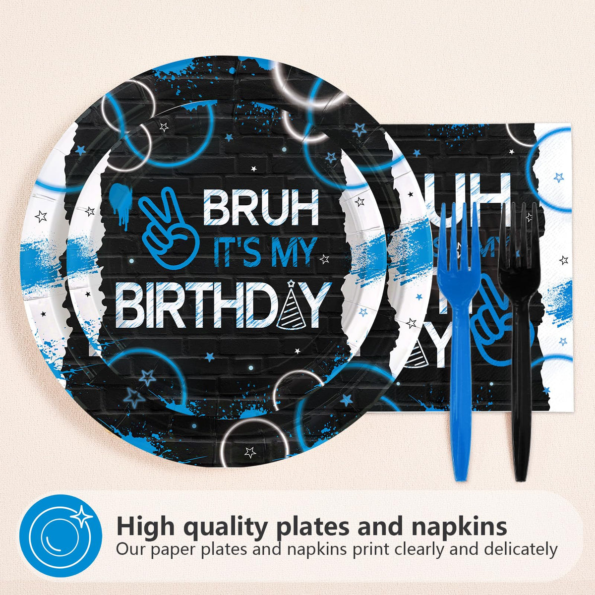 Greencian Bruh dessert plates in blue and black add stylish cake and treats to the spread.