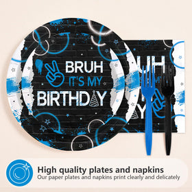 Greencian Bruh dessert plates in blue and black add stylish cake and treats to the spread.