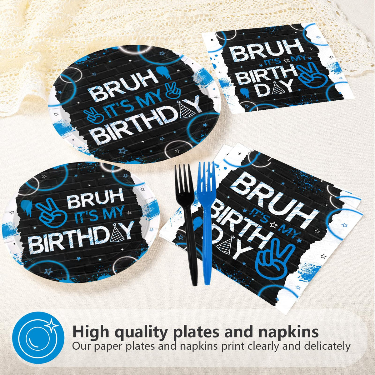 Greencian Bruh birthday napkins blue and black absorbent for mess-free celebrations.