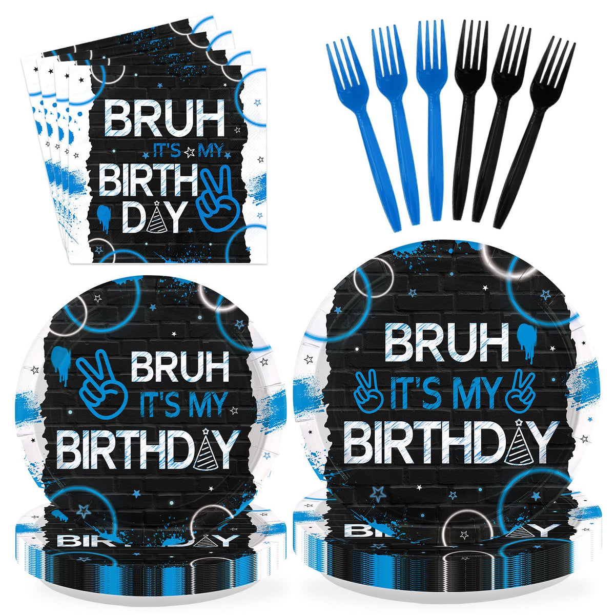 Greencian Bruh It's My Birthday 9-inch plates in blue and black for easy party serving.