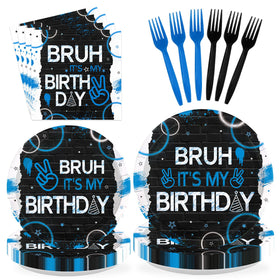 Greencian Bruh It's My Birthday 9-inch plates in blue and black for easy party serving.
