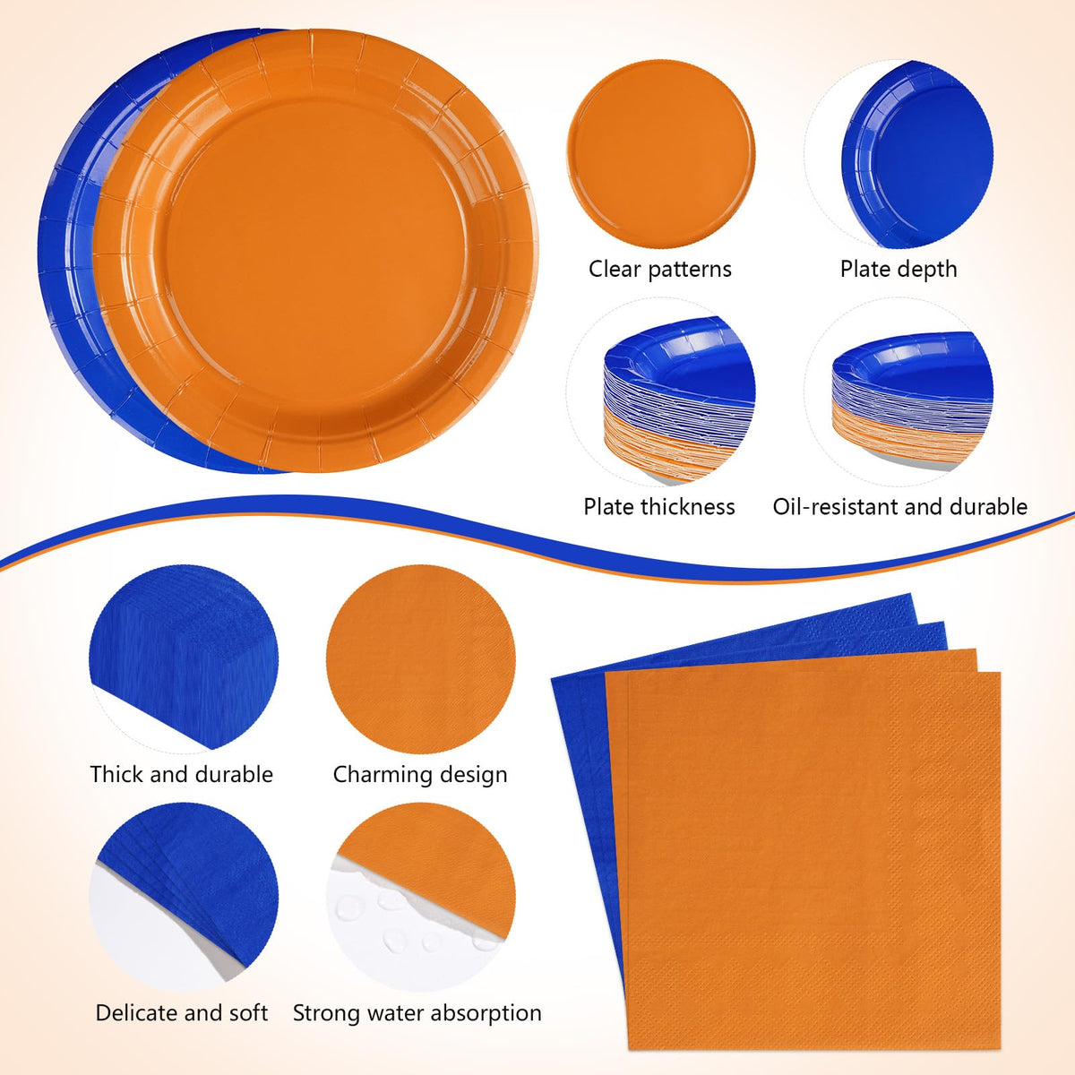 Greencian orange-blue napkins (6.5in) provide soft, absorbent serving comfort.