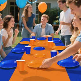 Greencian orange-blue tablecloths 54x108in protect surfaces while decorating the party area.