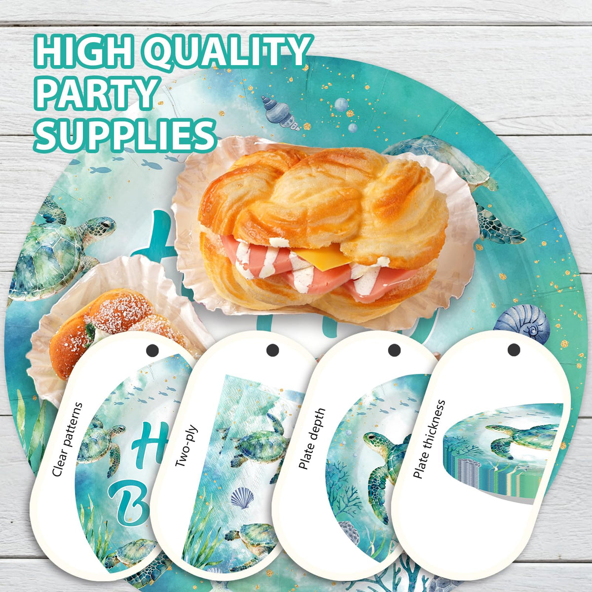 Greencian sea-turtle-design-closeup, vivid shells and starfish details enhance party decor.