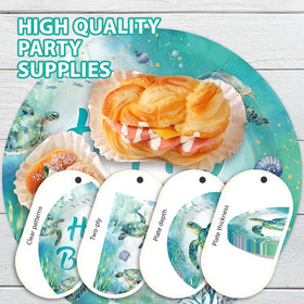 Greencian sea-turtle-design-closeup, vivid shells and starfish details enhance party decor.