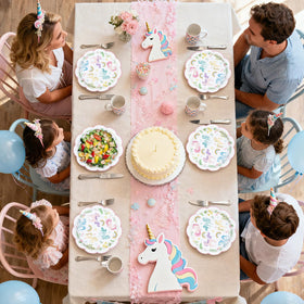 Greencian unicorn party tableware complements decor and serving options.