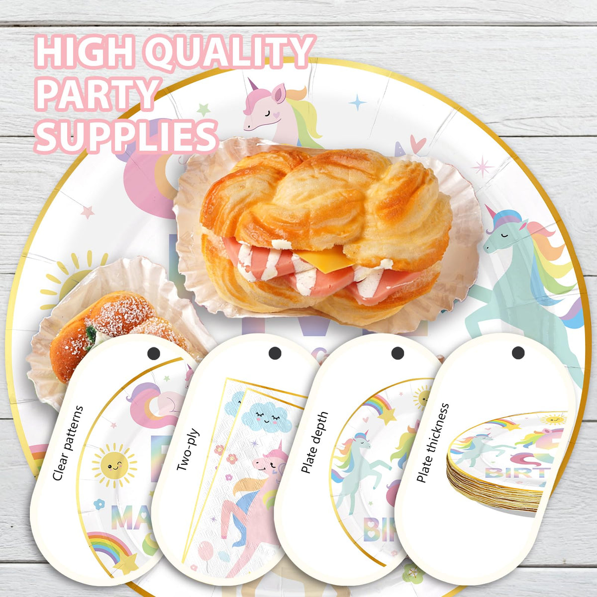 Close-up of pastel unicorn and rainbow print on plates