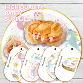 Close-up of pastel unicorn and rainbow print on plates