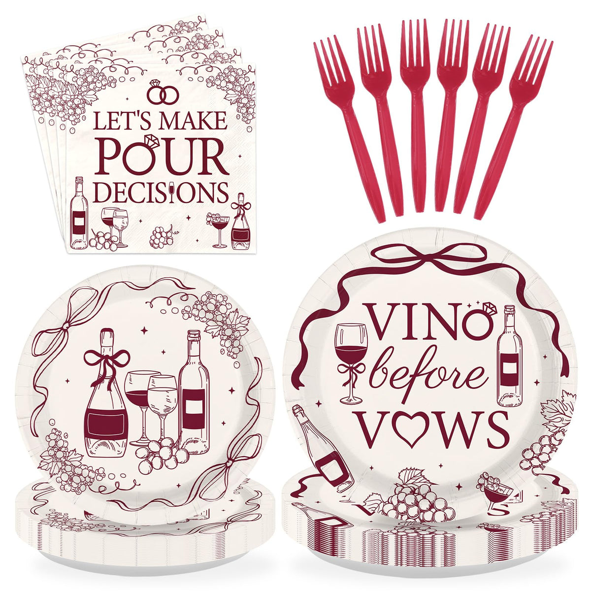 Greencian Vino Before Vows dinner plates with burgundy wine theme for celebrations