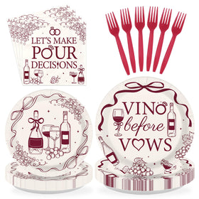 Greencian Vino Before Vows dinner plates with burgundy wine theme for celebrations