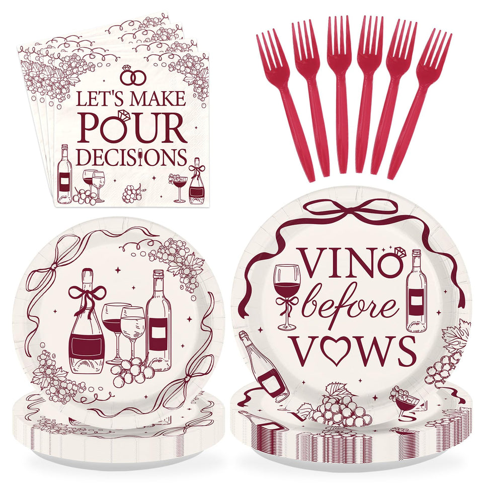 Greencian Vino Before Vows dinner plates with burgundy wine theme for celebrations