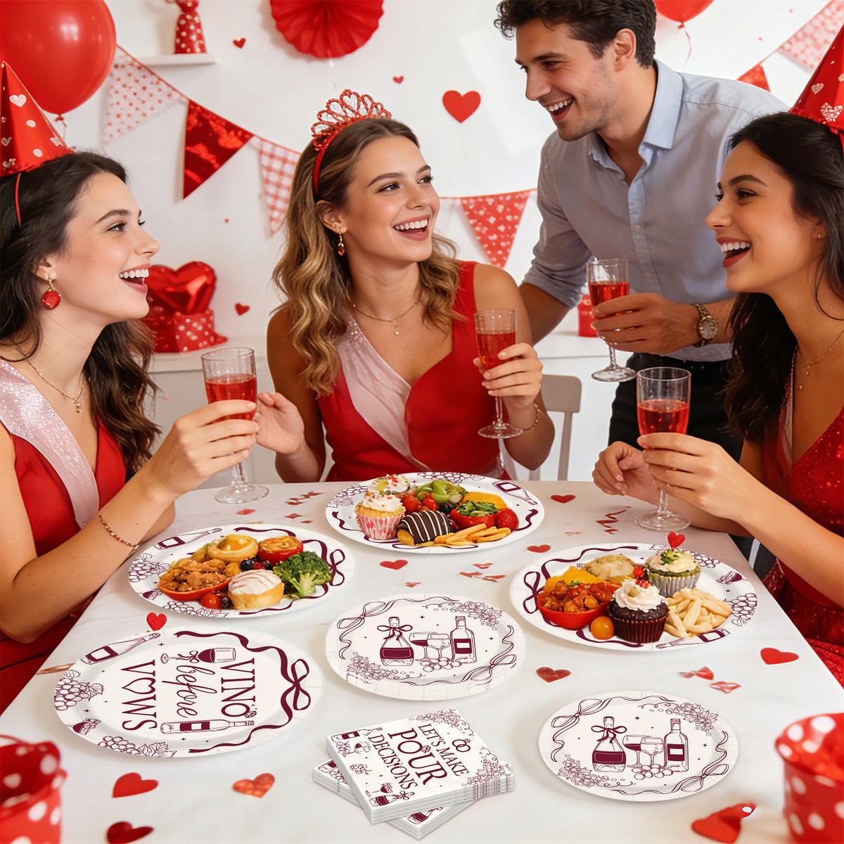 Greencian Vino Before Vows party scene with festive bachelorette setup