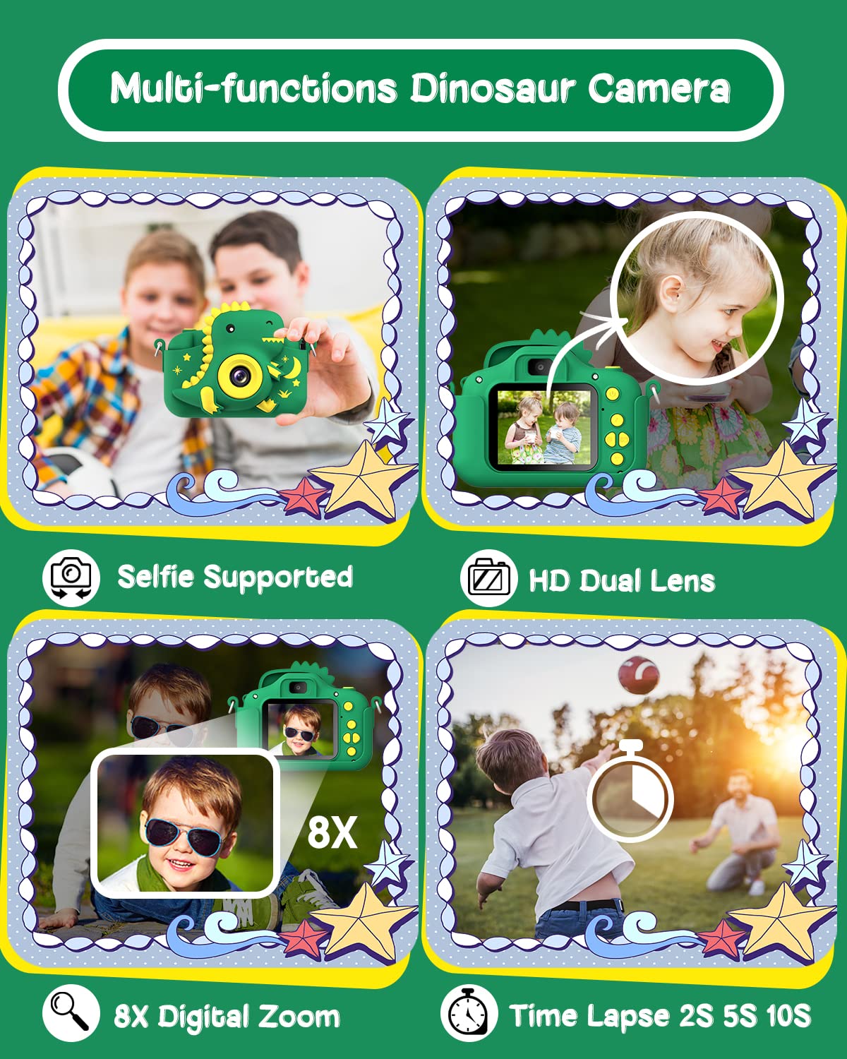 GREENKINDER Kids Camera silicone dinosaur case offers durable protection and playful style
