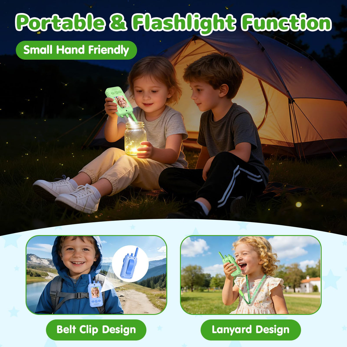 GREENKINDER Walkie video kids green range view demonstrates long-range outdoor communication