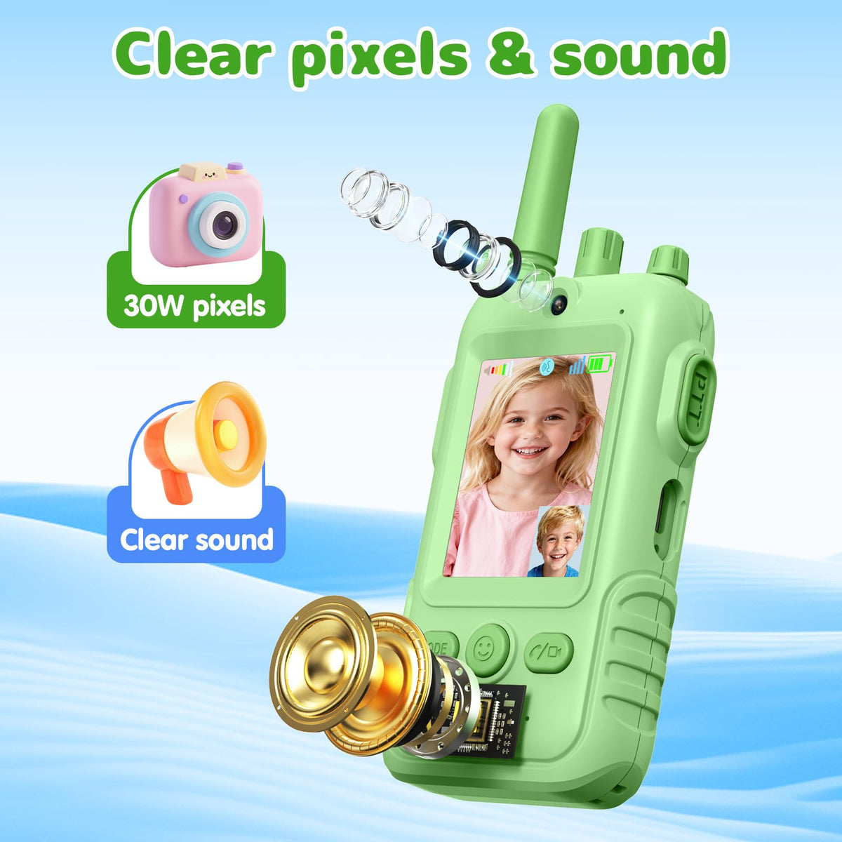 GREENKINDER Walkie video kids pink front view highlights compact design