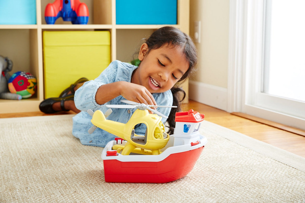 Green Toys Rescue Boat dishwasher-open-hull view demonstrates easy cleaning after play.