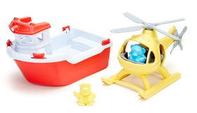 Green Toys Rescue Boat FFP front view with helicopter on deck for imaginative water play.