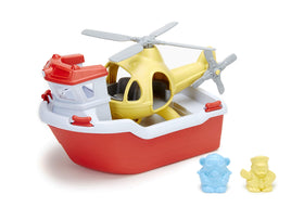 Green Toys Rescue Boat figures side view with Captain duck and pilot bear ready for adventures.