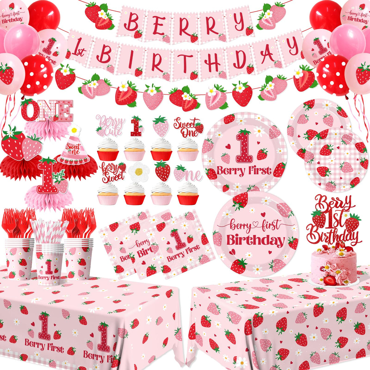 GREHUMOR Berry First Banner for a strawberry-themed 1st birthday backdrop.