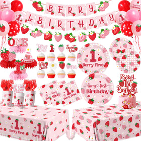 GREHUMOR Berry First Banner for a strawberry-themed 1st birthday backdrop.