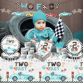 GREHUMOR Two Fast race car tablecloth adds quick themed coverage