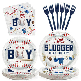 Grencian 9-inch plates with It's a Boy and baseball theme for easy serving