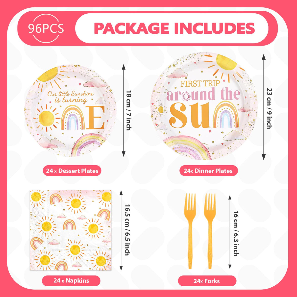 Grencian boho sun design; vibrant accents brighten baby showers and birthdays.