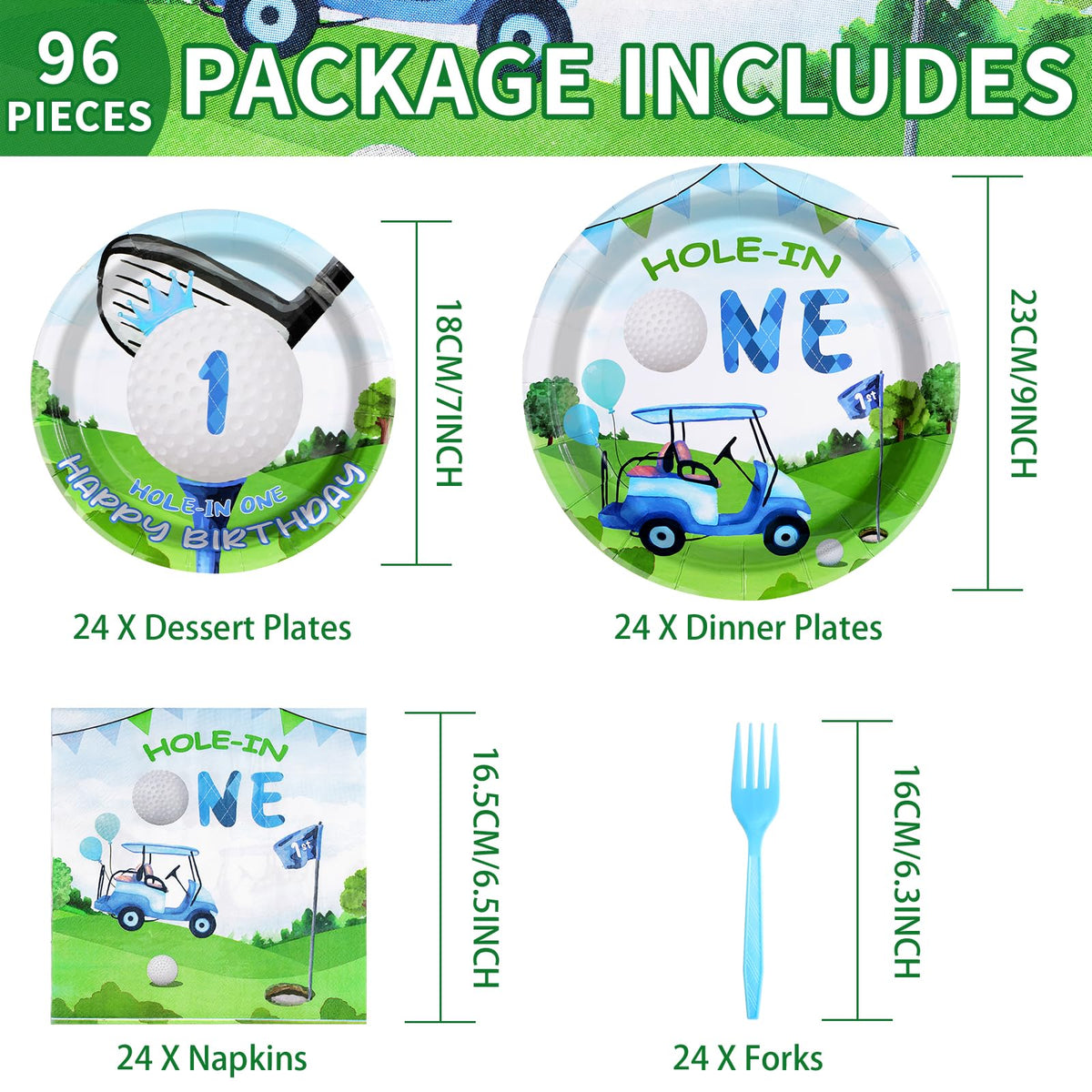 Grencian golf dinner plates closeup, durable print supports kid meals during celebrations.