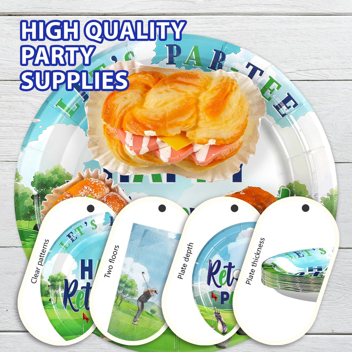 Grencian golf retirement party banner complements the tableware set.