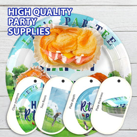 Grencian golf retirement party banner complements the tableware set.