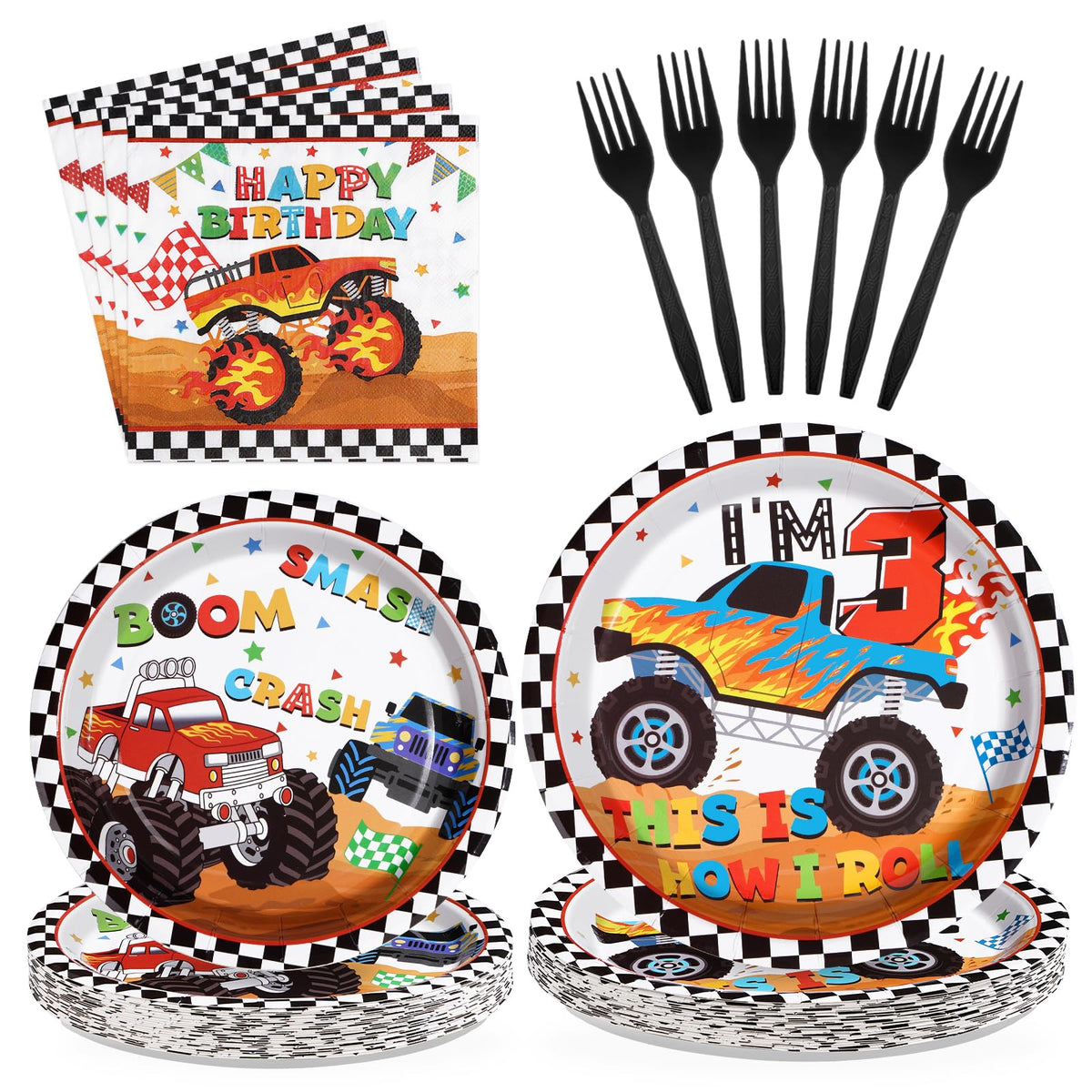 Grencian monster truck plates 24 count with vibrant racing design for kids celebrations