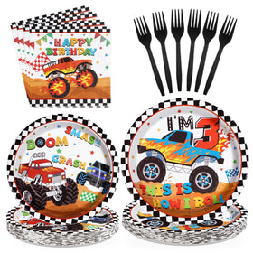 Grencian monster truck plates 24 count with vibrant racing design for kids celebrations