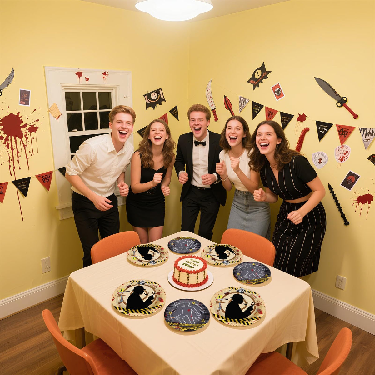 Grencian murder mystery Halloween decor, cohesive look with crime-scene vibes