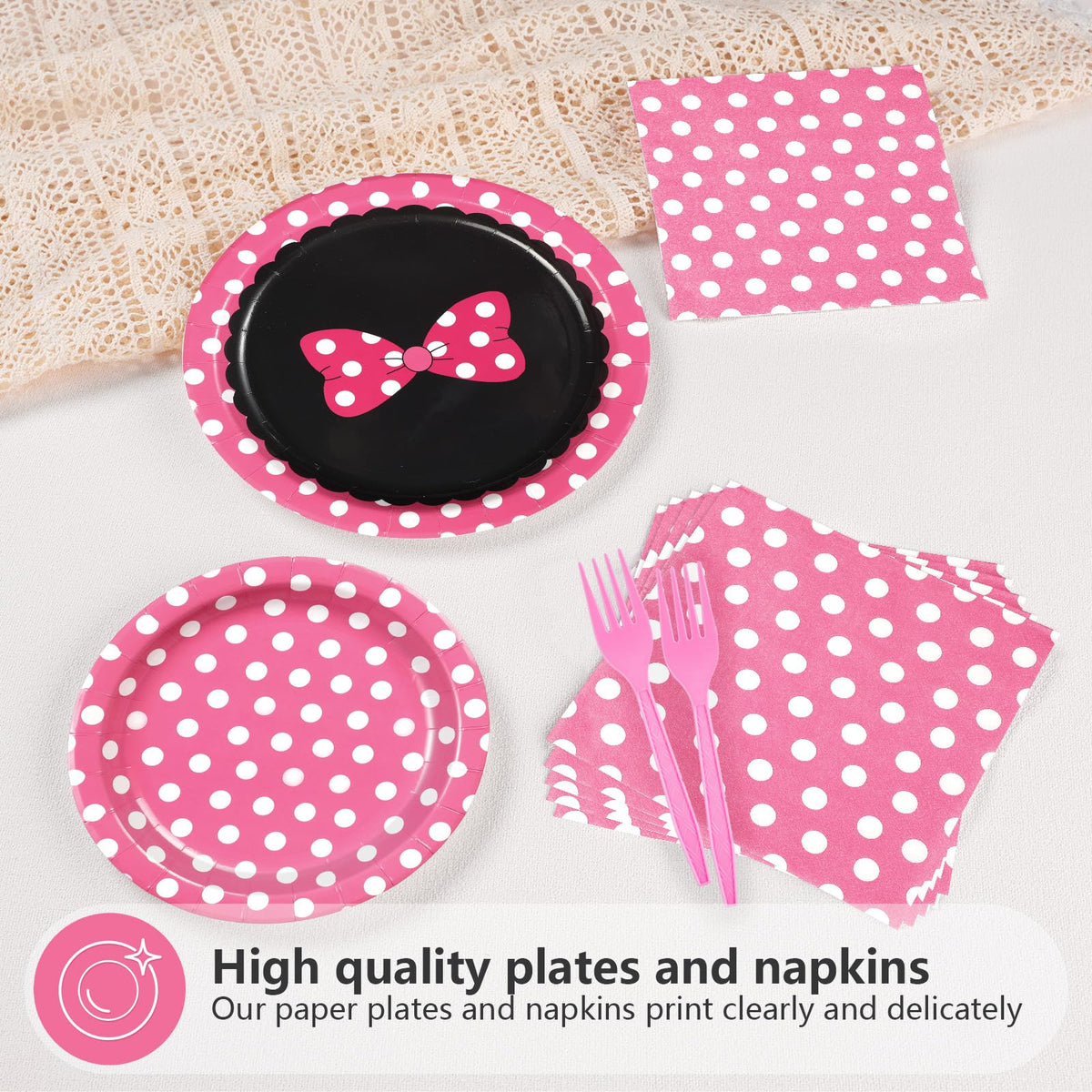 Grencian pink polka-dot napkins coordinate the table with a cheerful look.
