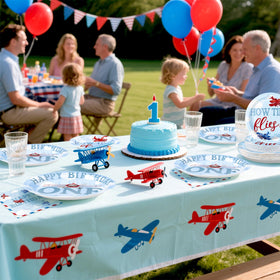 Grencian red blue time flies decor for vibrant themed celebrations