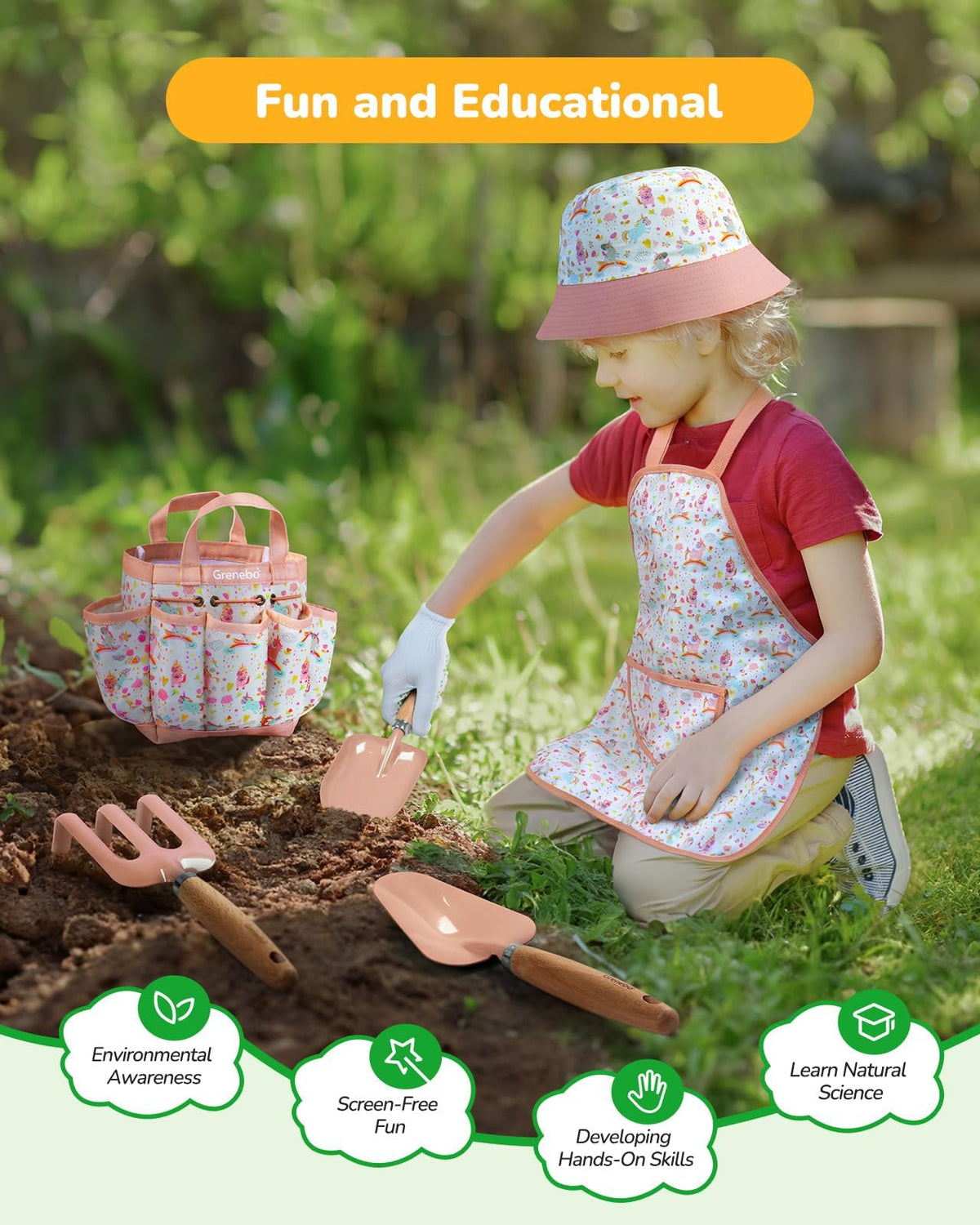 Grenebo kids gardening apron pink keeps clothes clean during soil exploration