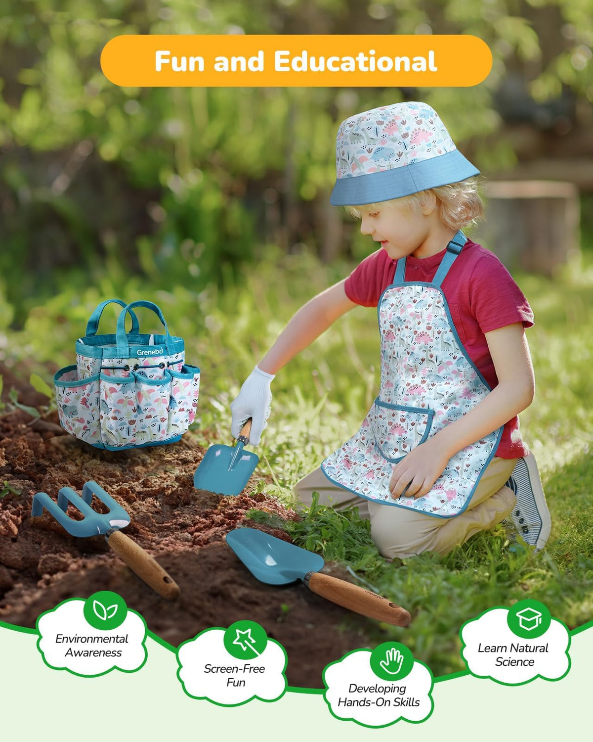 Grenebo kids gardening set blue apron for mess-free garden time