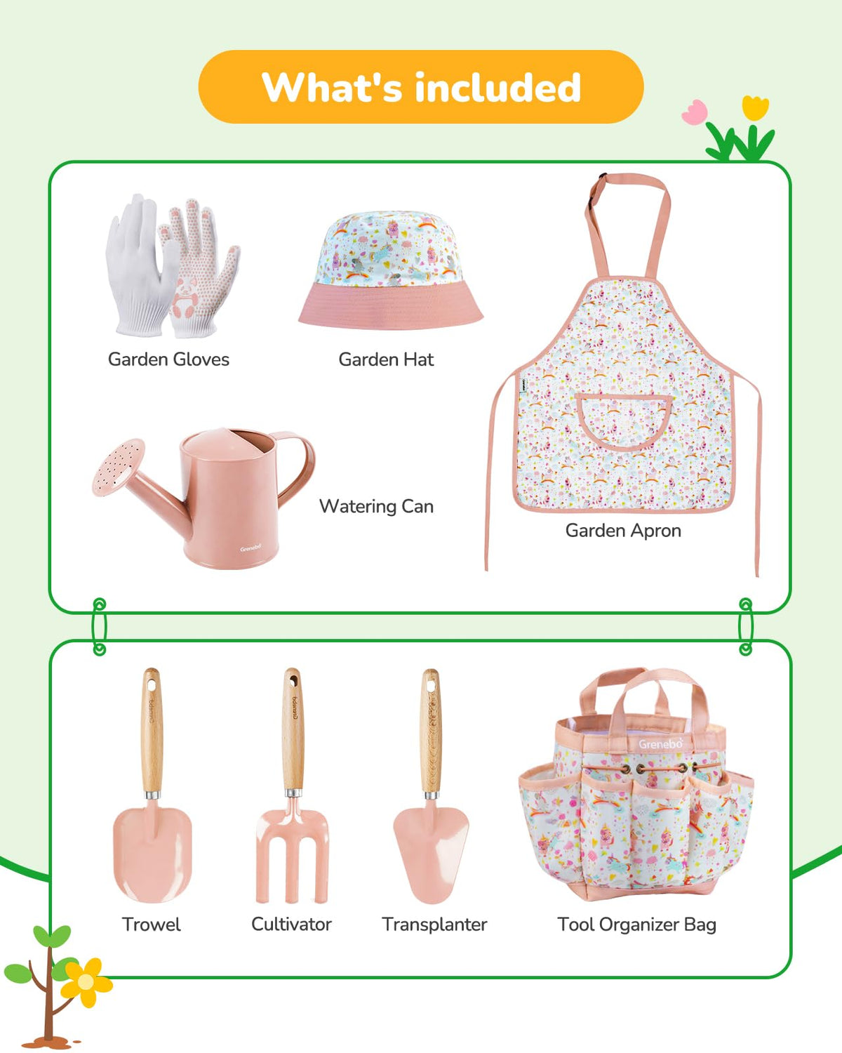 Grenebo kids gardening gloves pink with safe grip for small hands