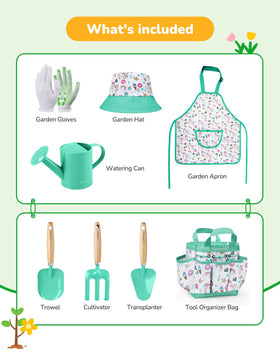 Grenebo Kids Gardening Set Lake Green garden hat protects young gardener from sun.