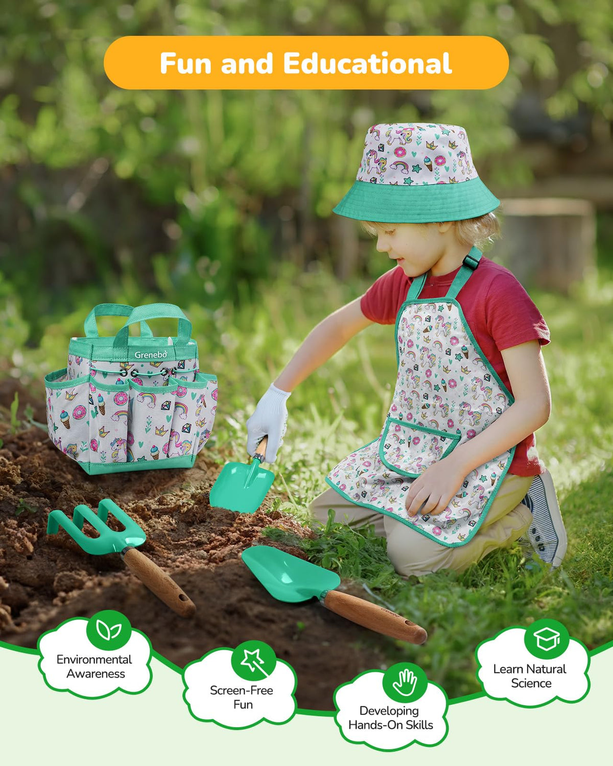 Grenebo Kids Gardening Set Lake Green metal trowel with ergonomic grip.