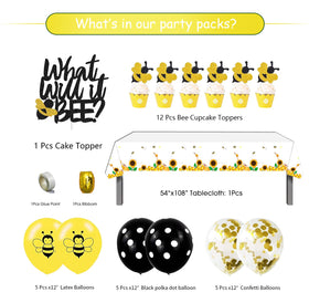 GREPARPY What Will It Bee bee balloons add color for a playful gender reveal party.