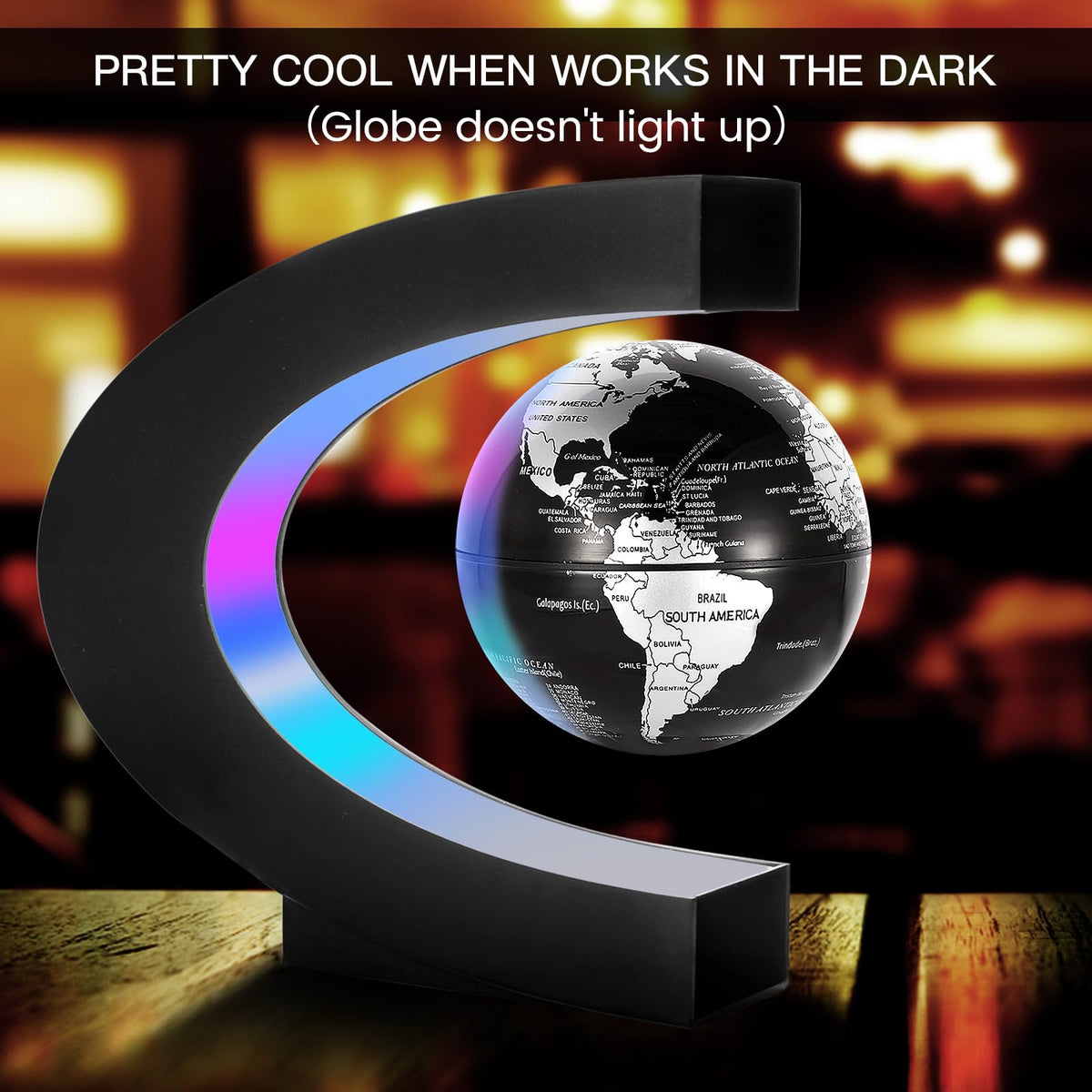 Gresus world map globe levitating with north-pole-up orientation on desk
