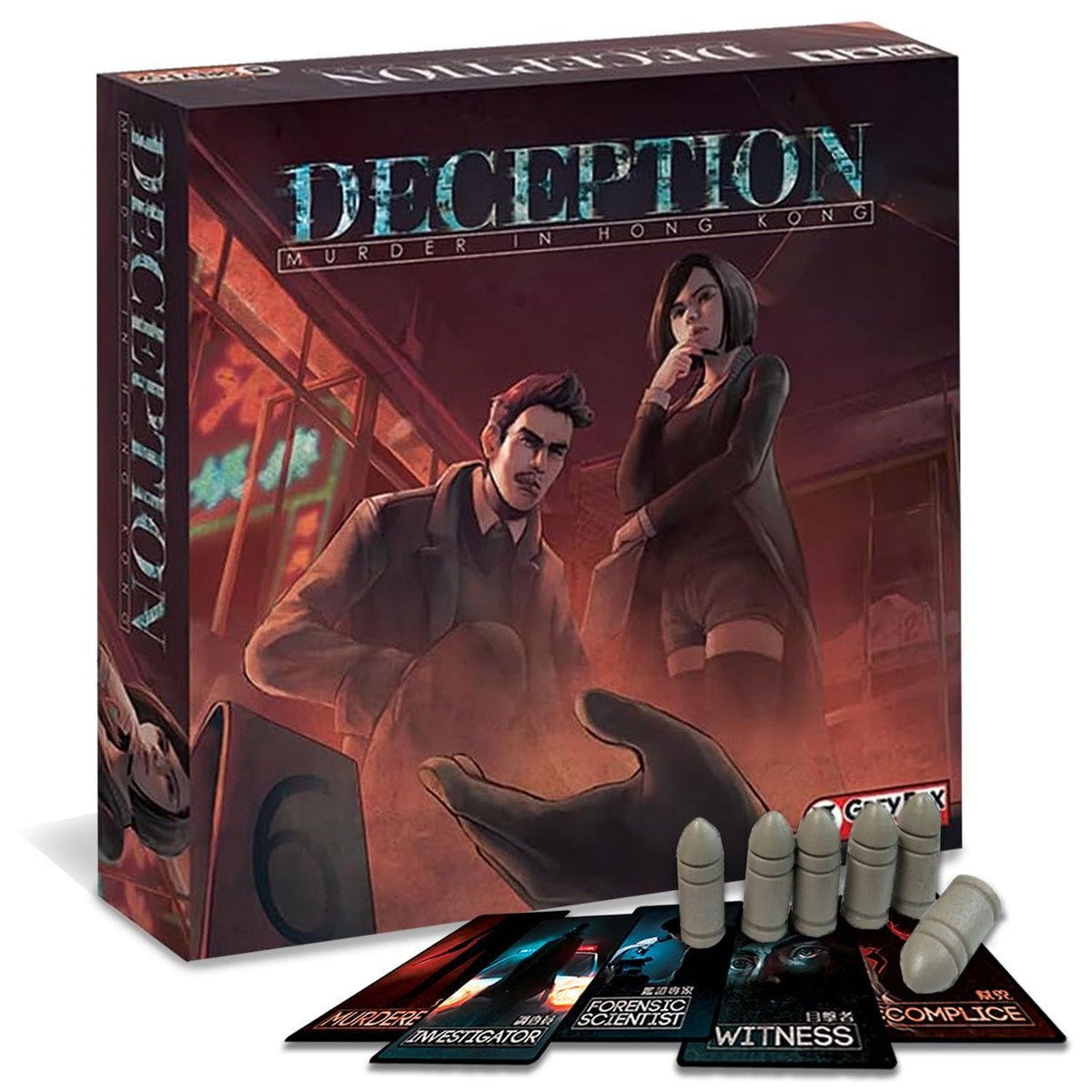 Grey Fox Games Deception: box front highlights quick social deduction setup.