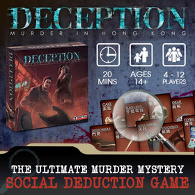 Grey Fox Games Deception: roles cards illustrate Investigator, Murderer, Witness.