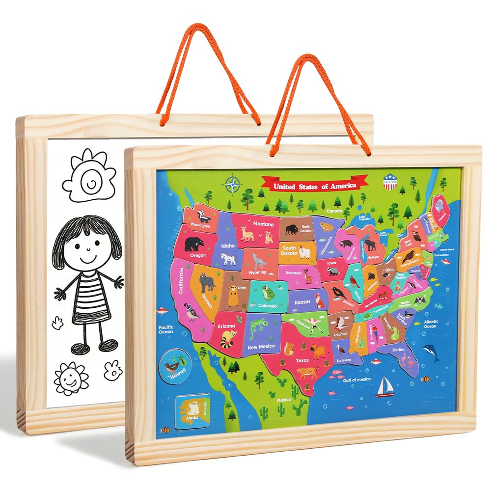 GRINNIE USA Map Puzzle magnetic pieces on map support early geography learning.