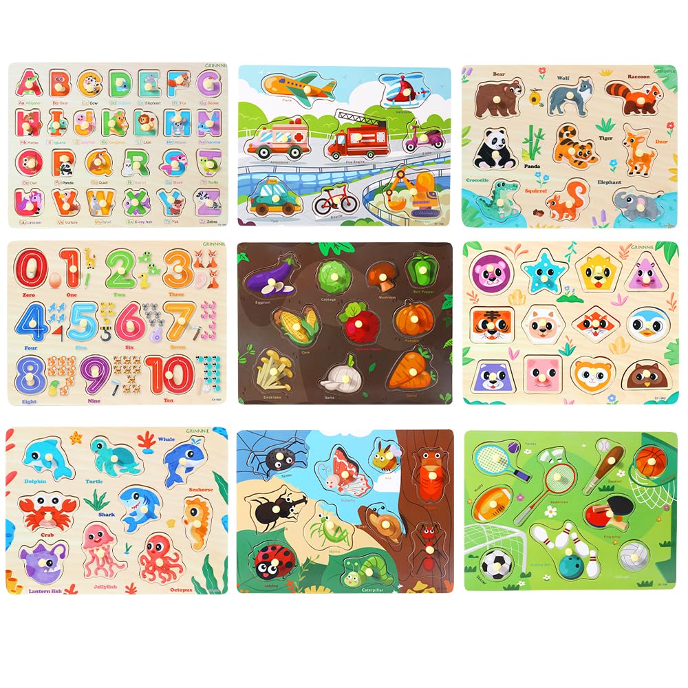 GRINNNIE 9-Pack Shape puzzle enhances shape recognition with chunky, easy-to-hold pieces.