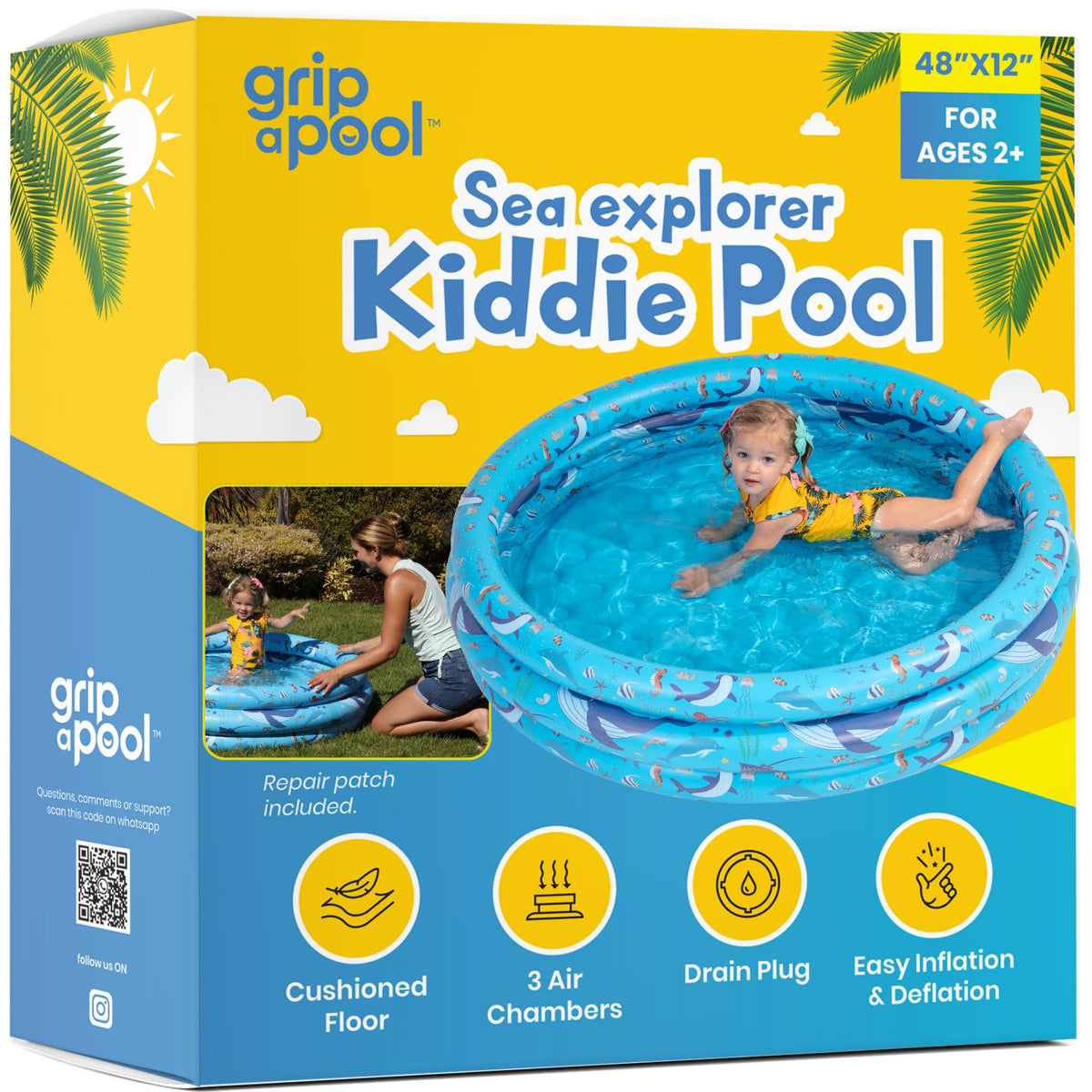 GRIP A POOL 48-inch round pool deflates for compact storage.